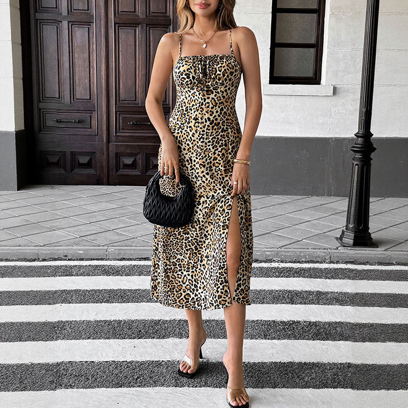 Summer sexy spicy girl style long skirt retro leopard print suspender dress for women
