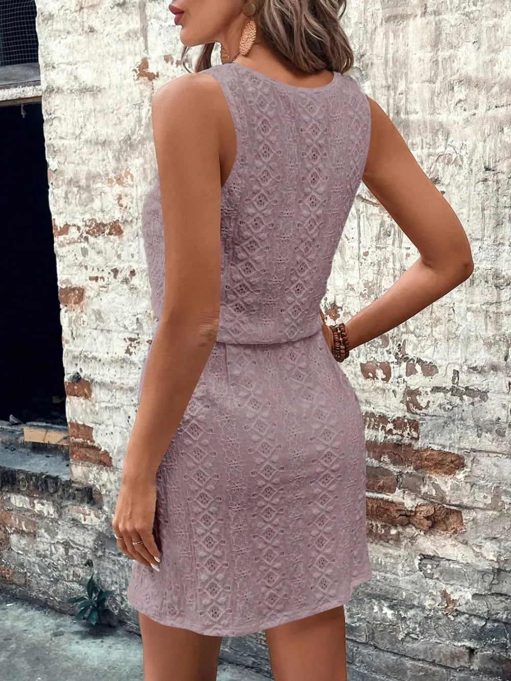 Women's square neck spring/summer women's hollow texture drawstring sleeveless dress