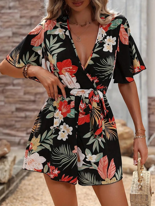 Printed Surplice Half Sleeve Tie Waist Romper