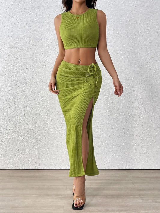 Texture Cropped Tank and Ruched Skirt Set