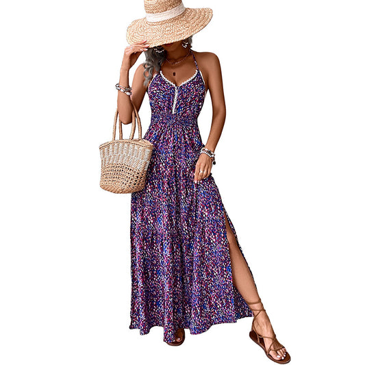 European and American vacation casual camisole dress V-neck floral backless dress