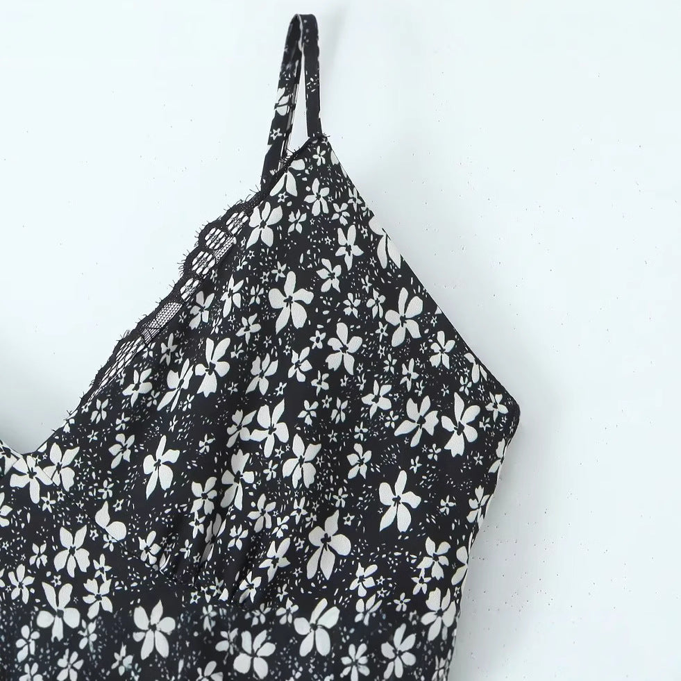 Vintage floral suspender jumpsuit long skirt