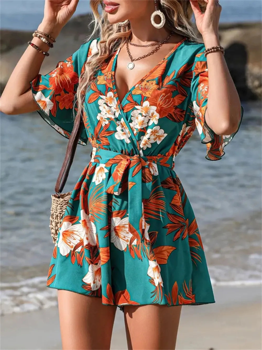 Printed Surplice Half Sleeve Tie Waist Romper