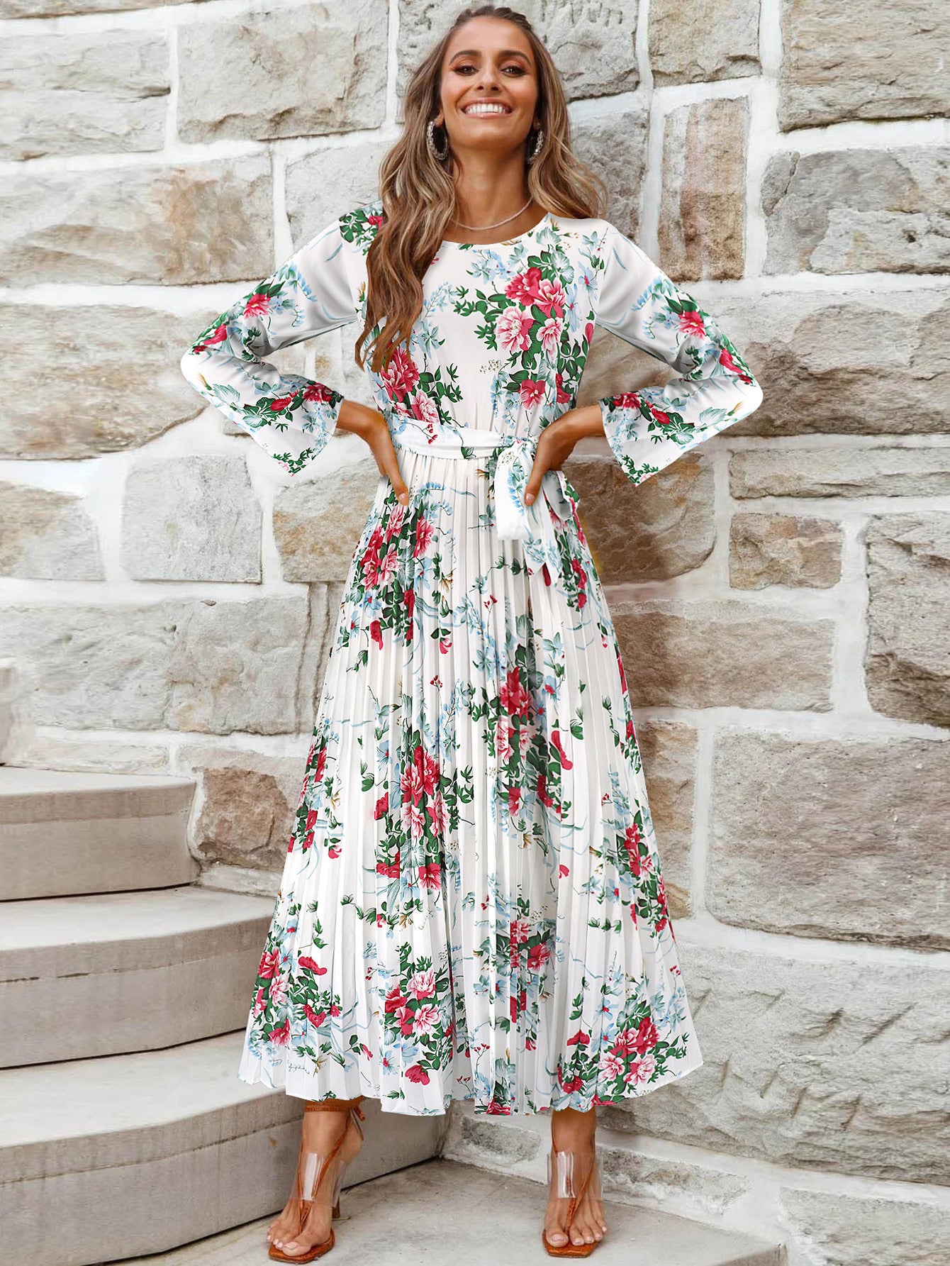 Bell-Sleeved Bohemian Pleated Print Dress for Women