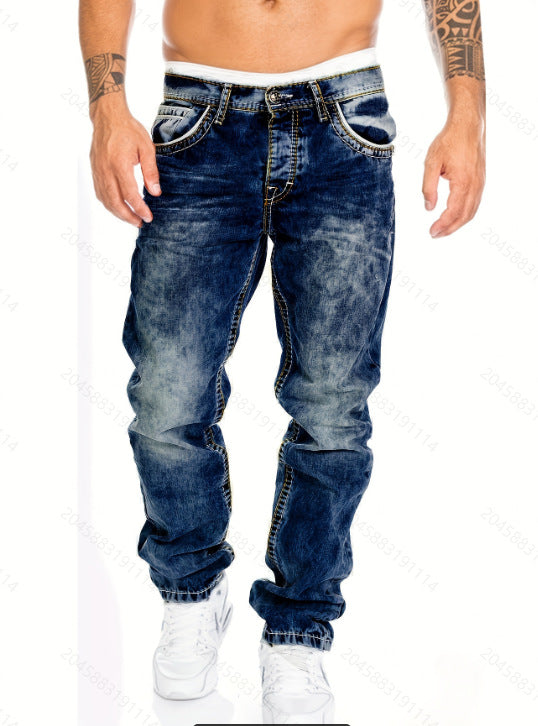 European and American new jeans casual open line pants straight leg men's pants hip-hop jeans