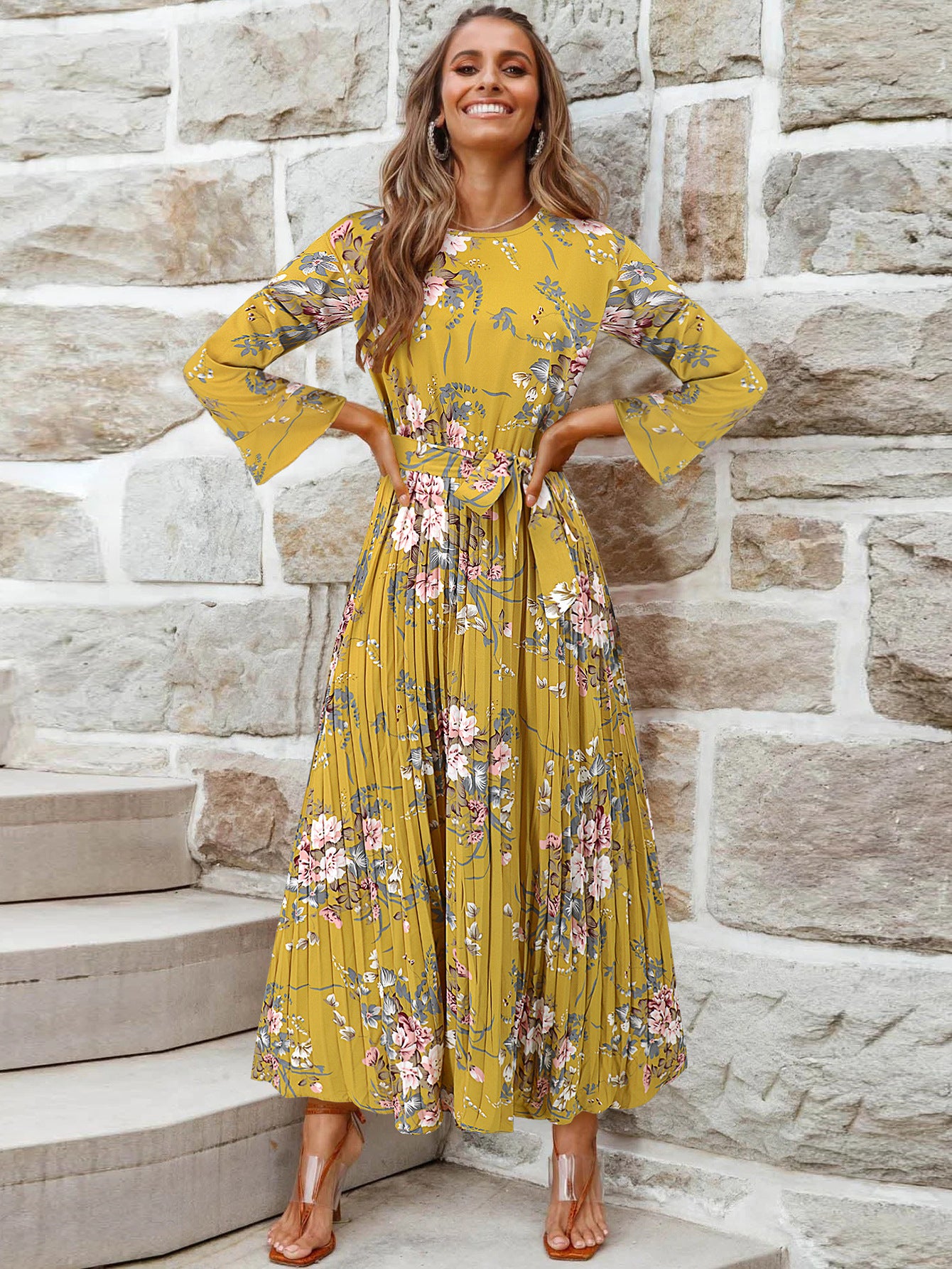 Bell-Sleeved Bohemian Pleated Print Dress for Women