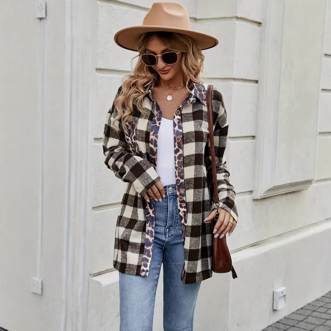 Autumn Thousand Bird leopard print contrasting plaid long sleeved shirt for women