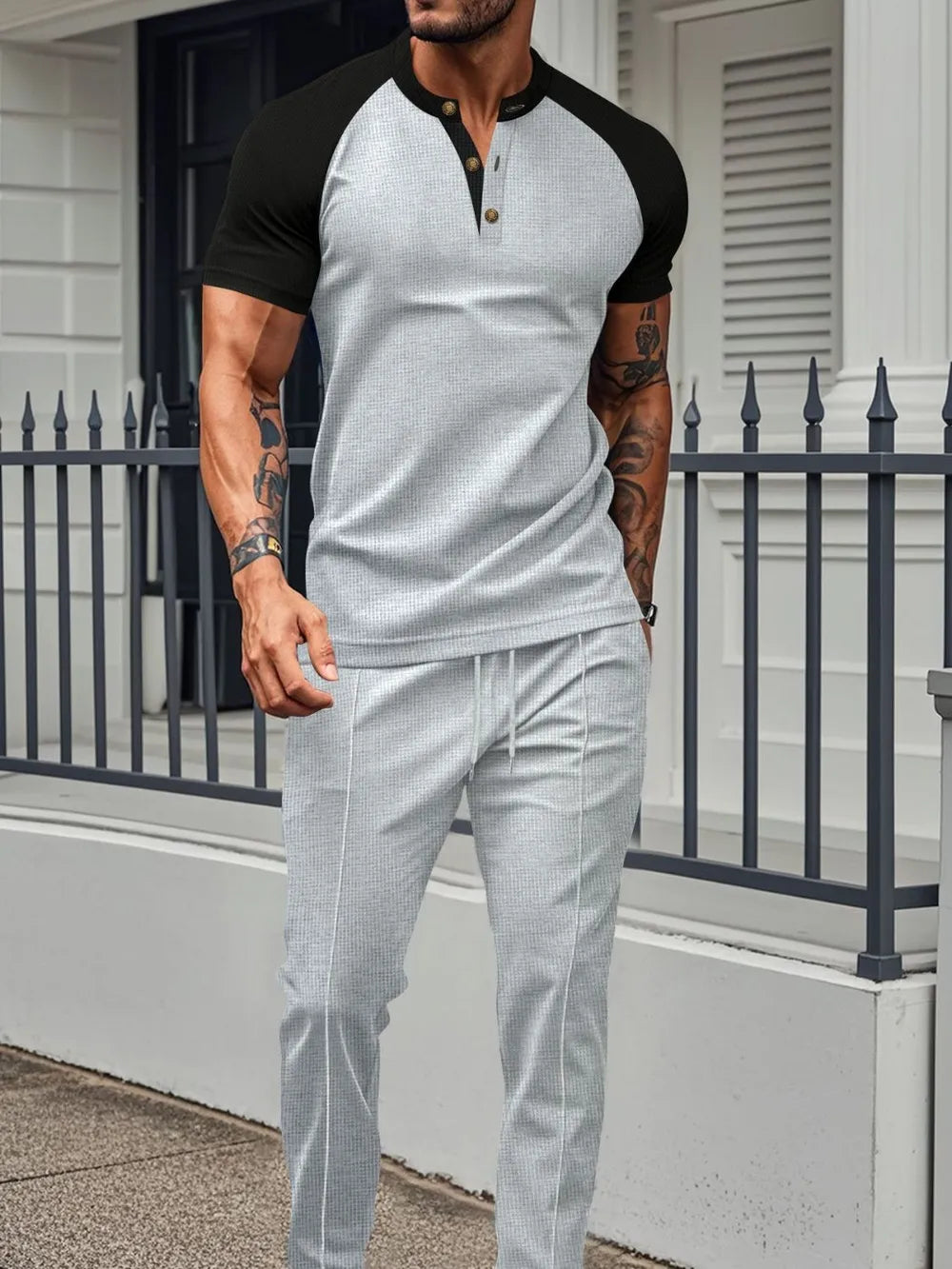 Men's Full Size Waffle-Knit Contrast Top and Drawstring Pants Set Plus Size