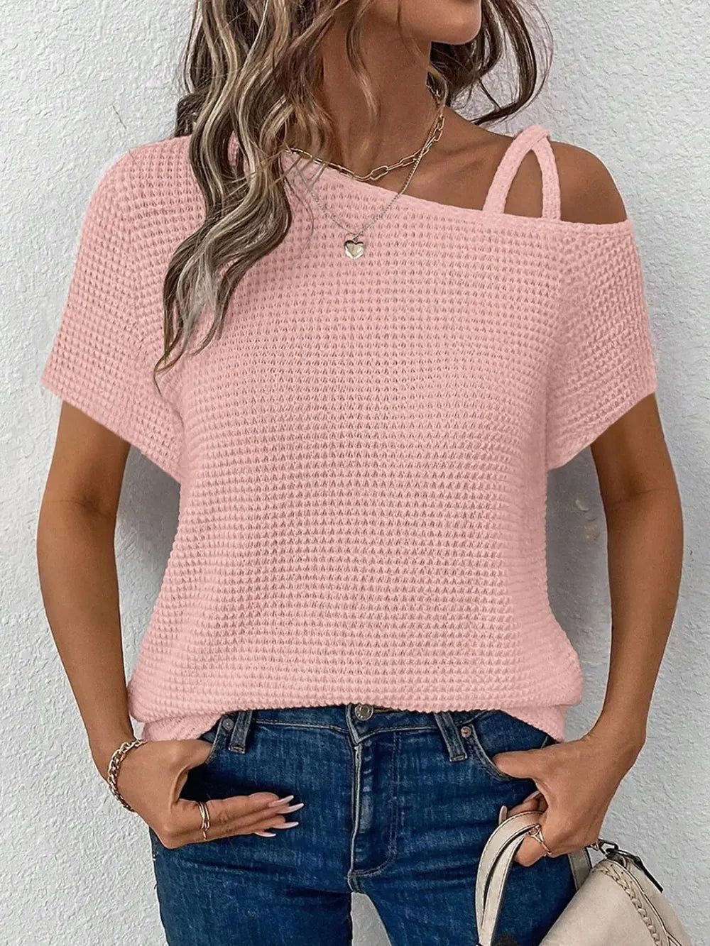 Short sleeved solid color top for women's fashion summer slanted shoulder suspender