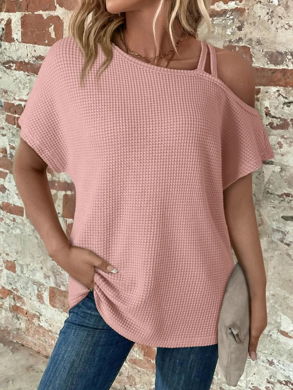 Short sleeved solid color top for women's fashion summer slanted shoulder suspender