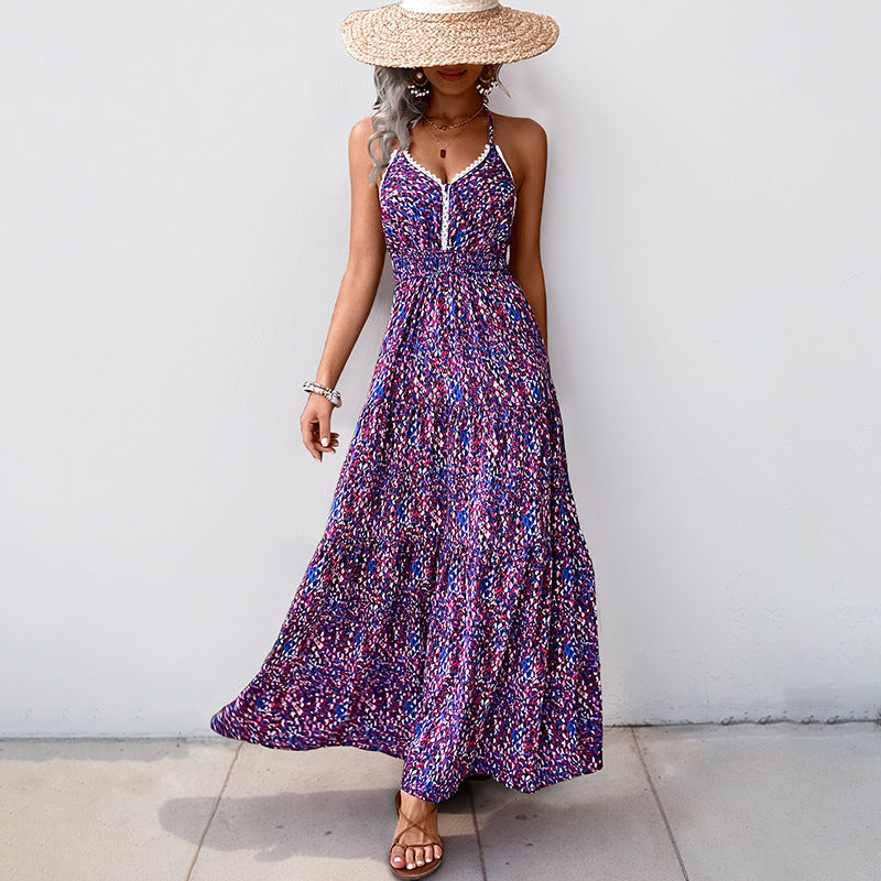 European and American vacation casual camisole dress V-neck floral backless dress
