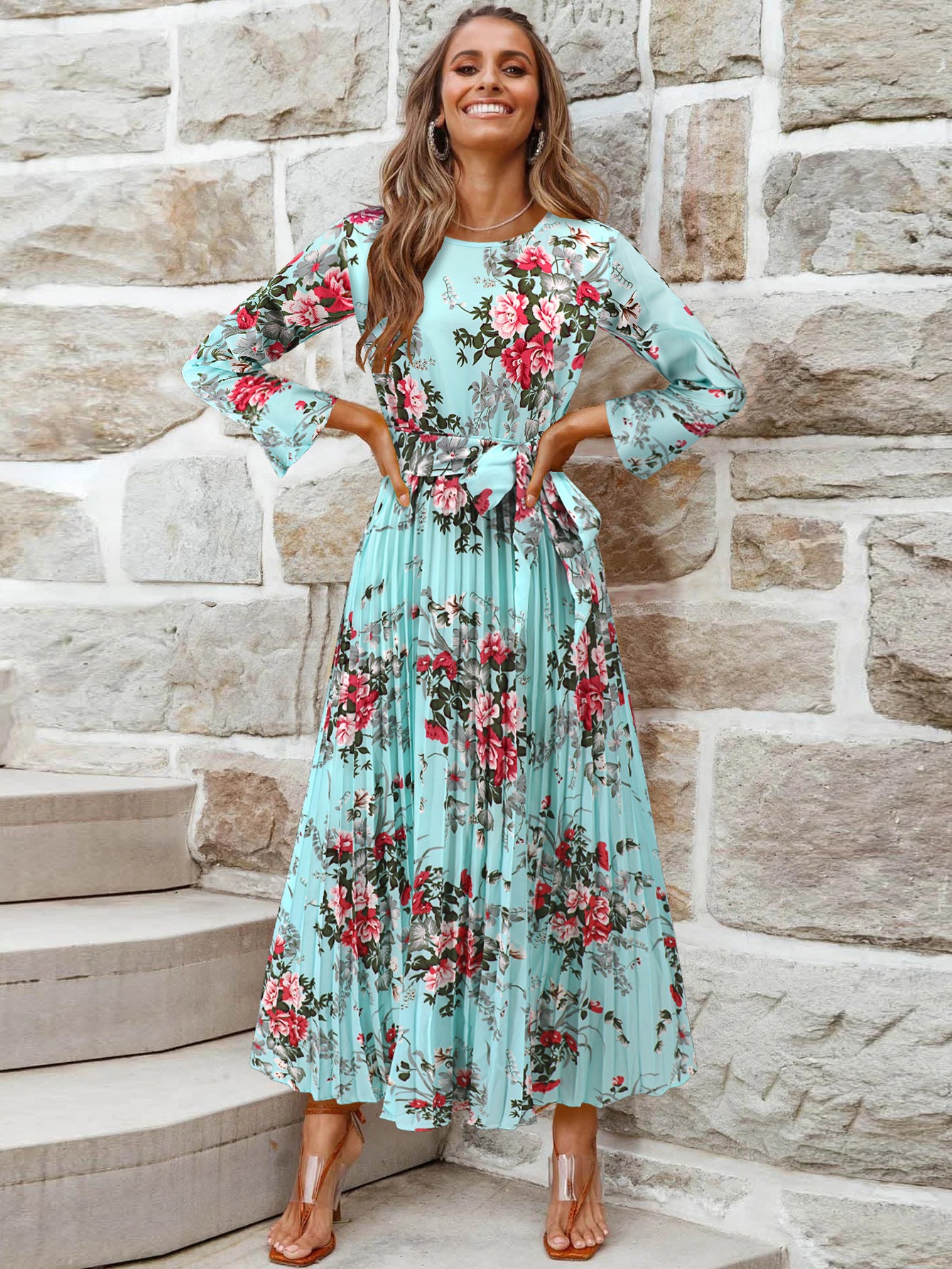 Bell-Sleeved Bohemian Pleated Print Dress for Women